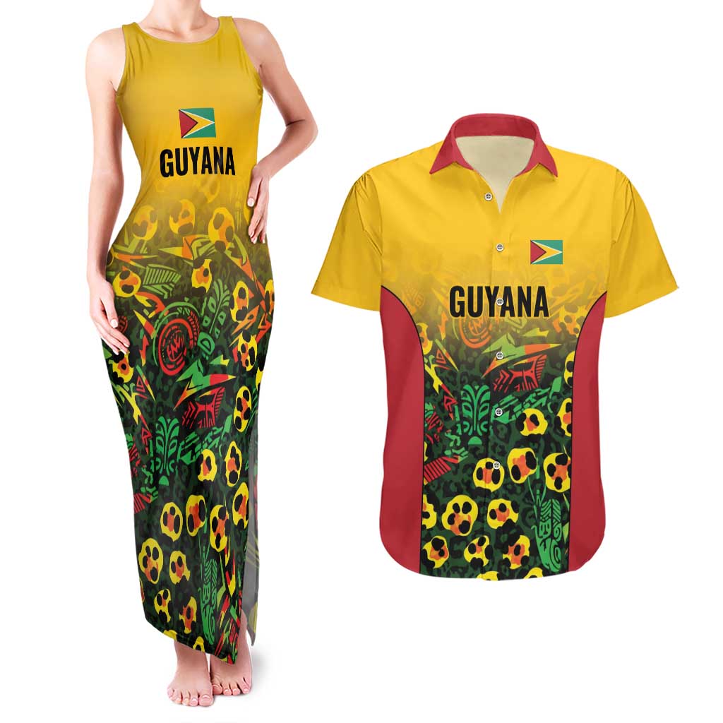 Custom Guyana Football Couples Matching Tank Maxi Dress and Hawaiian Shirt Spirit of the Jaguar - Yellow - Wonder Print Shop