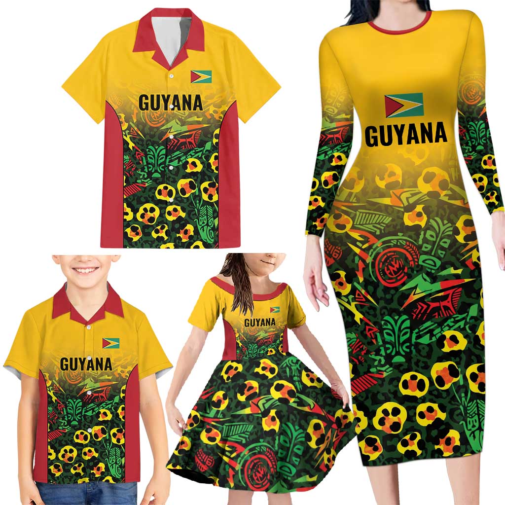 Custom Guyana Football Family Matching Long Sleeve Bodycon Dress and Hawaiian Shirt Spirit of the Jaguar - Yellow - Wonder Print Shop