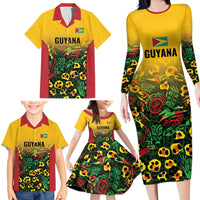 Custom Guyana Football Family Matching Long Sleeve Bodycon Dress and Hawaiian Shirt Spirit of the Jaguar - Yellow - Wonder Print Shop