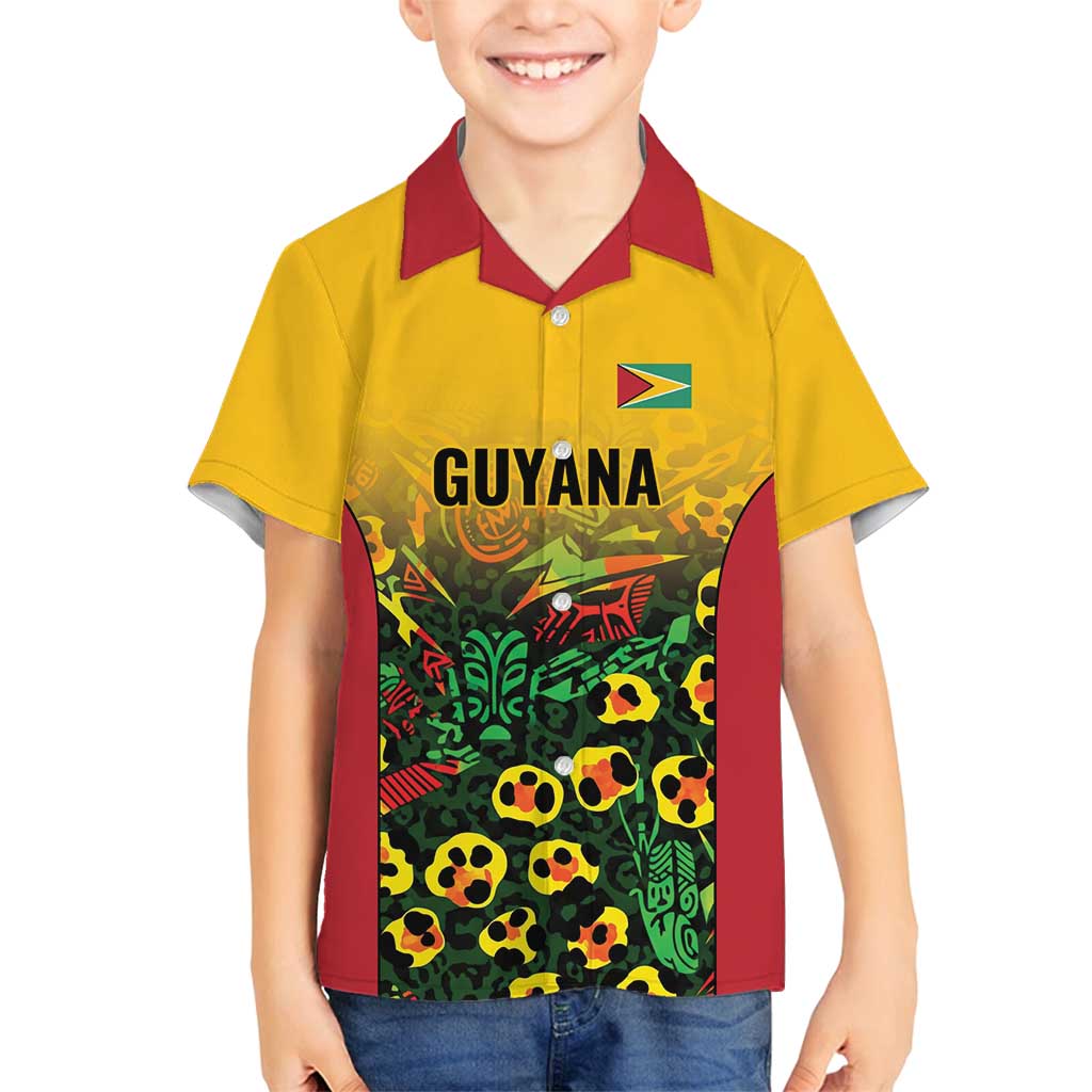 Custom Guyana Football Family Matching Long Sleeve Bodycon Dress and Hawaiian Shirt Spirit of the Jaguar - Yellow - Wonder Print Shop
