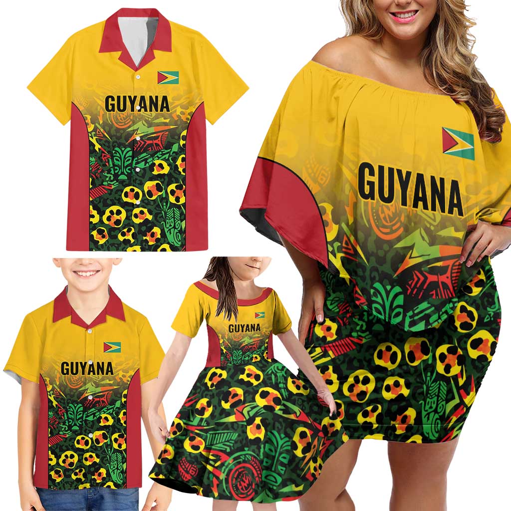 Custom Guyana Football Family Matching Off Shoulder Short Dress and Hawaiian Shirt Spirit of the Jaguar - Yellow - Wonder Print Shop