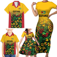 Custom Guyana Football Family Matching Short Sleeve Bodycon Dress and Hawaiian Shirt Spirit of the Jaguar - Yellow - Wonder Print Shop