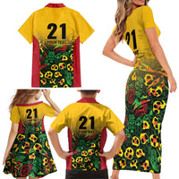 Custom Guyana Football Family Matching Short Sleeve Bodycon Dress and Hawaiian Shirt Spirit of the Jaguar - Yellow - Wonder Print Shop