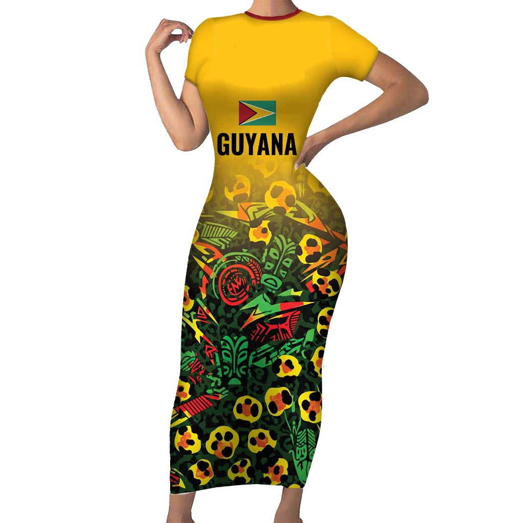 Custom Guyana Football Family Matching Short Sleeve Bodycon Dress and Hawaiian Shirt Spirit of the Jaguar - Yellow - Wonder Print Shop