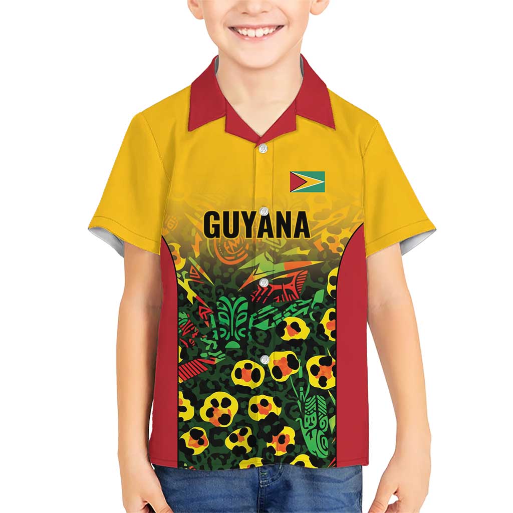 Custom Guyana Football Family Matching Short Sleeve Bodycon Dress and Hawaiian Shirt Spirit of the Jaguar - Yellow - Wonder Print Shop