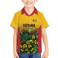 Custom Guyana Football Family Matching Short Sleeve Bodycon Dress and Hawaiian Shirt Spirit of the Jaguar - Yellow - Wonder Print Shop
