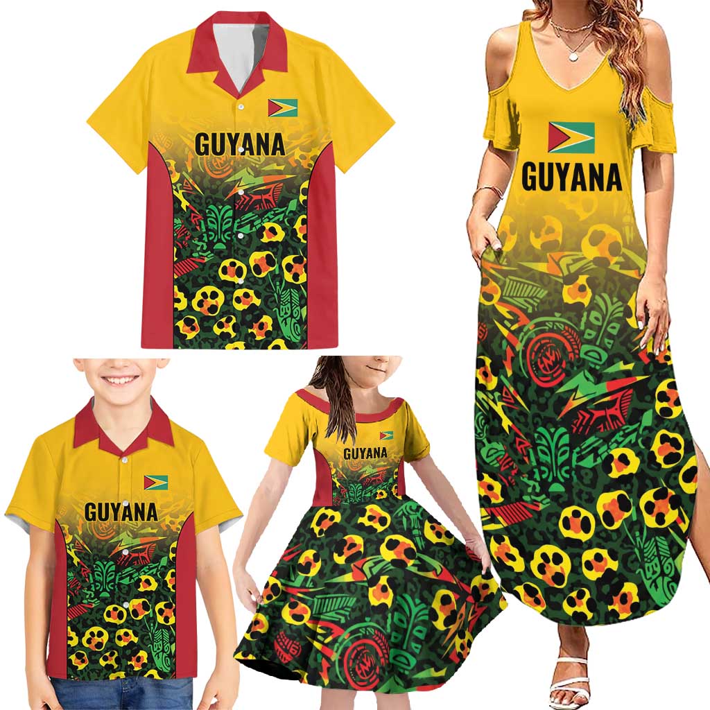 Custom Guyana Football Family Matching Summer Maxi Dress and Hawaiian Shirt Spirit of the Jaguar - Yellow - Wonder Print Shop