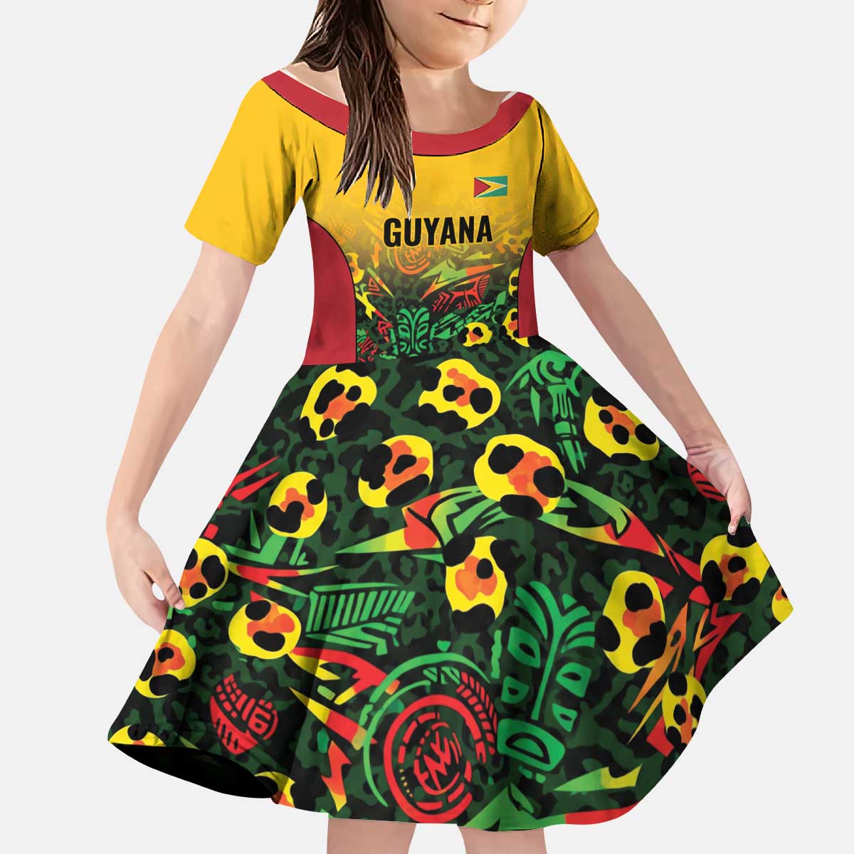 Custom Guyana Football Kid Short Sleeve Dress Spirit of the Jaguar - Yellow - Wonder Print Shop