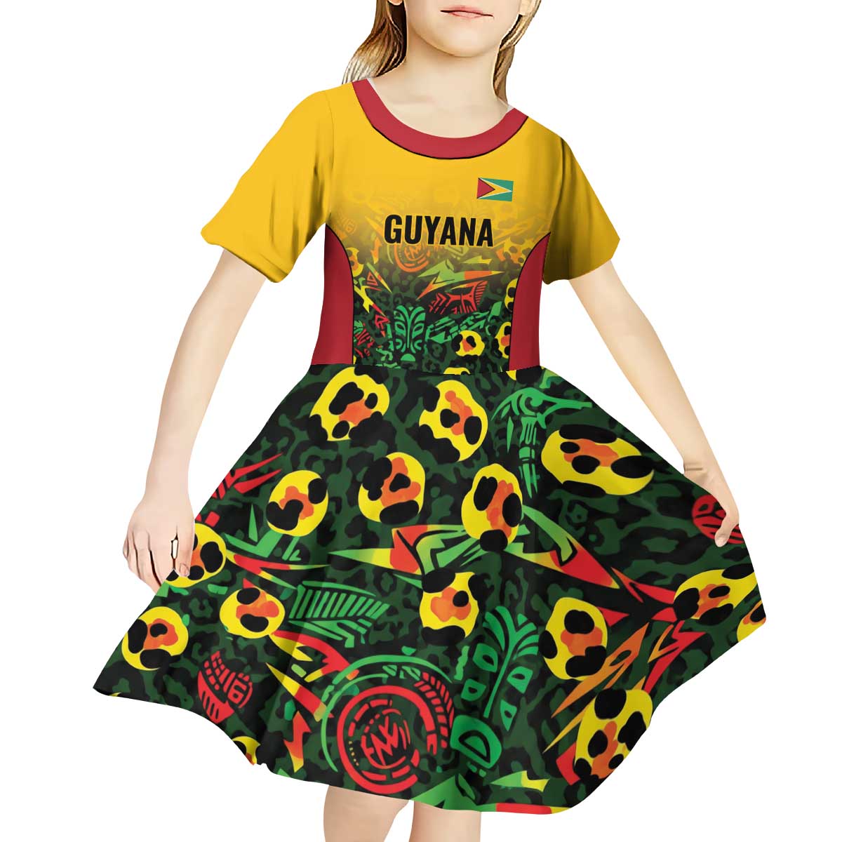 Custom Guyana Football Kid Short Sleeve Dress Spirit of the Jaguar - Yellow - Wonder Print Shop