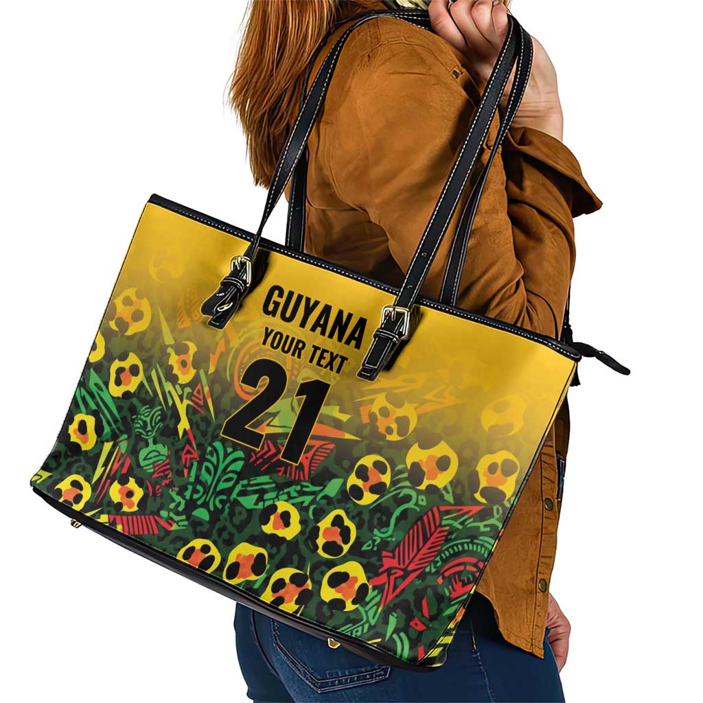 Custom Guyana Football Leather Tote Bag Spirit of the Jaguar - Yellow - Wonder Print Shop