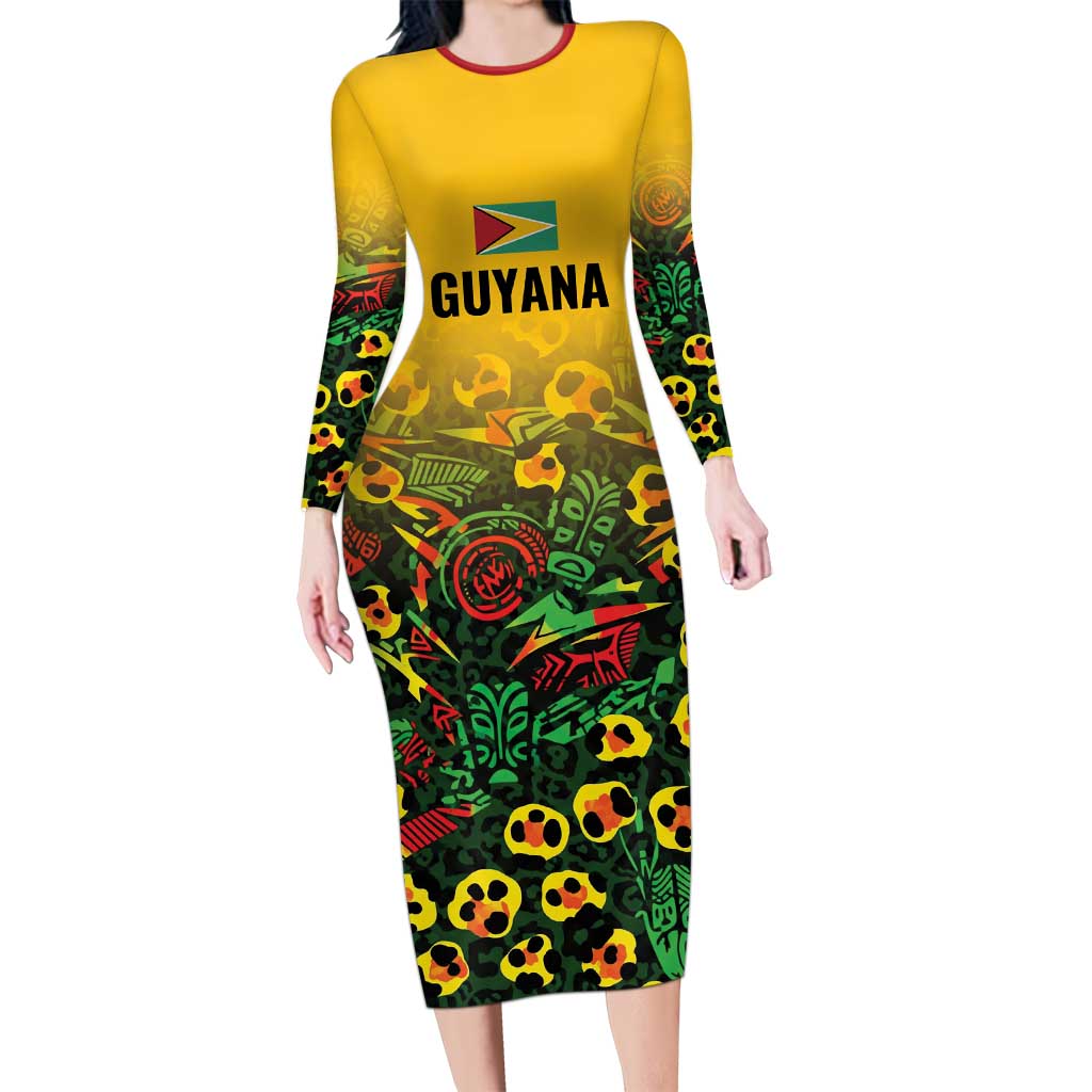 Custom Guyana Football Long Sleeve Bodycon Dress Spirit of the Jaguar - Yellow - Wonder Print Shop