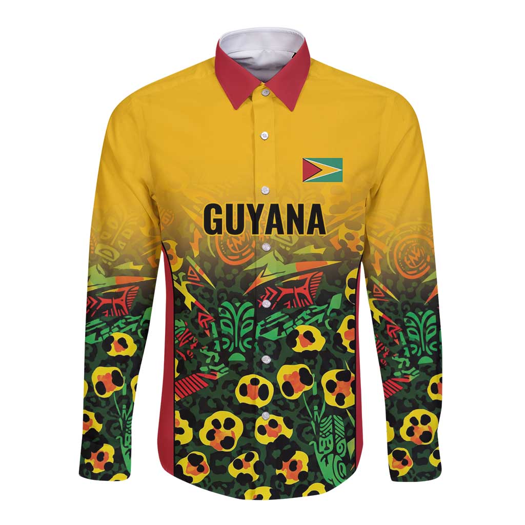 Custom Guyana Football Long Sleeve Button Shirt Spirit of the Jaguar - Yellow - Wonder Print Shop