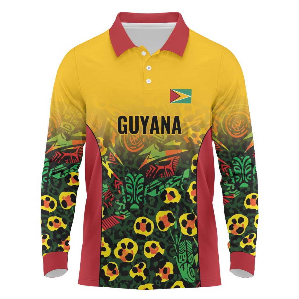 Custom Guyana Football Long Sleeve Polo Shirt Spirit of the Jaguar - Yellow - Wonder Print Shop