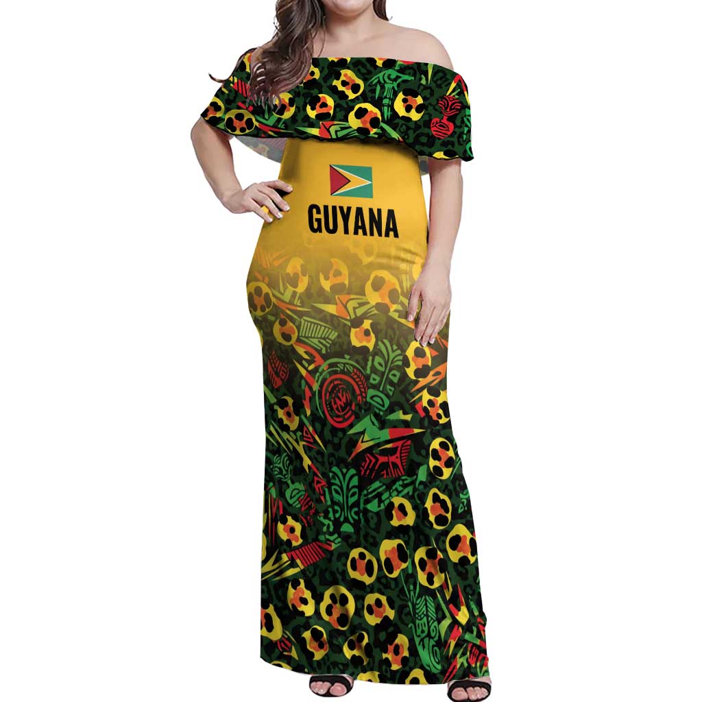 Custom Guyana Football Off Shoulder Maxi Dress Spirit of the Jaguar - Yellow - Wonder Print Shop
