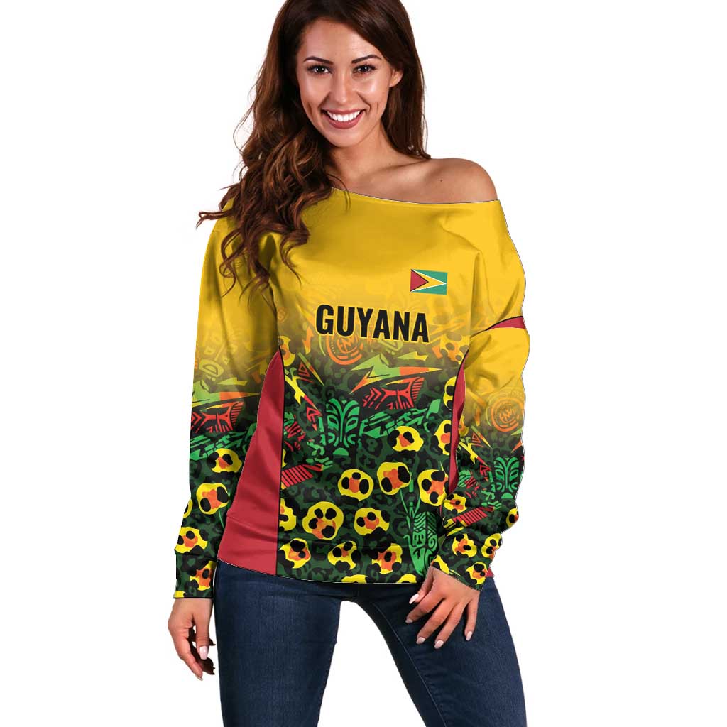 Custom Guyana Football Off Shoulder Sweater Spirit of the Jaguar - Yellow - Wonder Print Shop