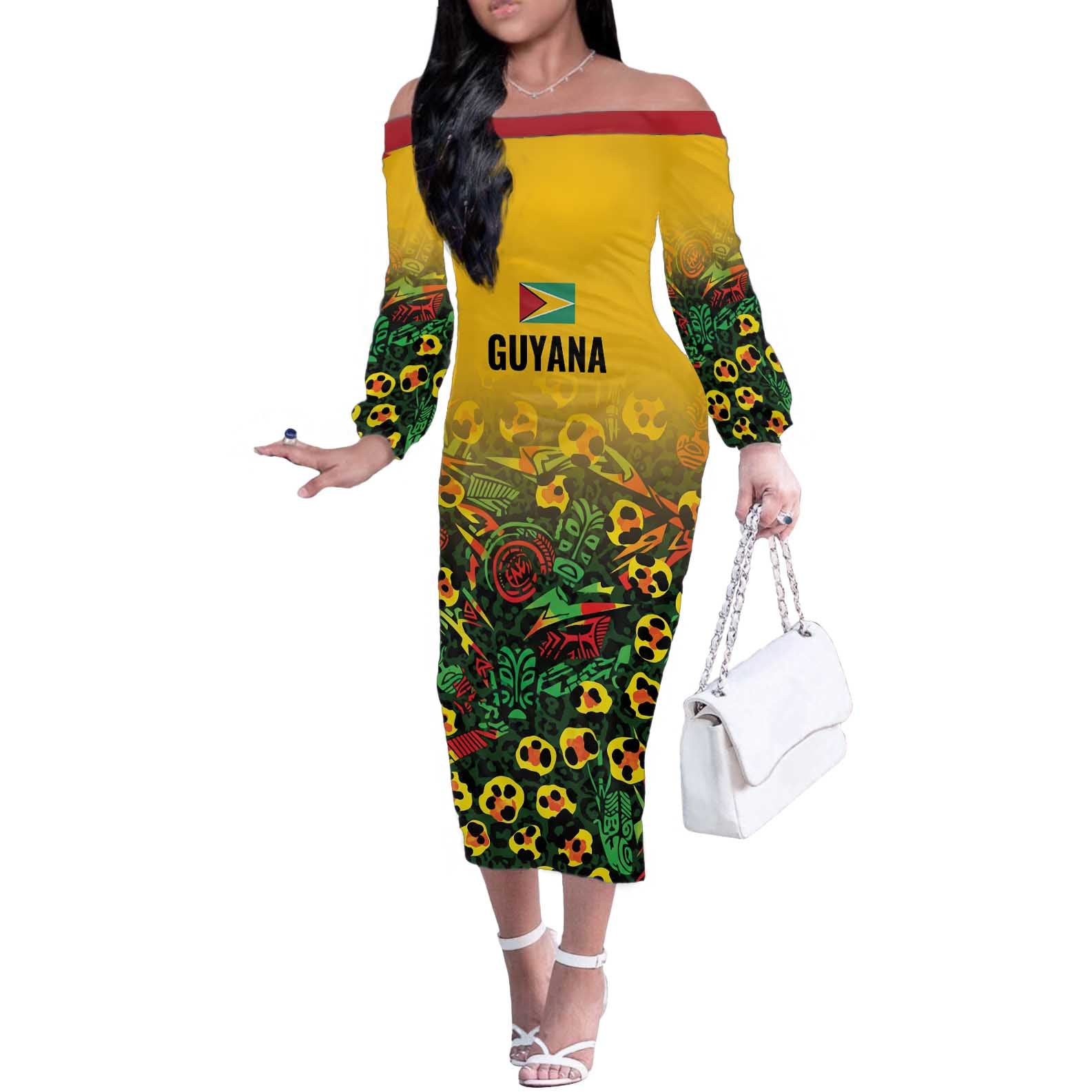 Custom Guyana Football Off The Shoulder Long Sleeve Dress Spirit of the Jaguar - Yellow - Wonder Print Shop