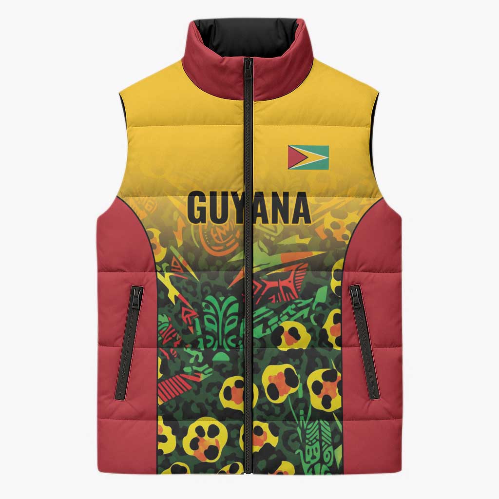 Custom Guyana Football Sleeveless Puffer Jacket Spirit of the Jaguar - Yellow - Wonder Print Shop