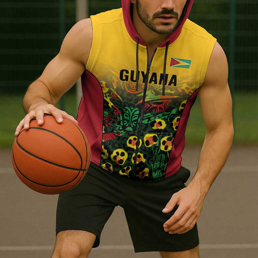 Custom Guyana Football Sleeveless Zip Hoodie Spirit of the Jaguar - Yellow - Wonder Print Shop