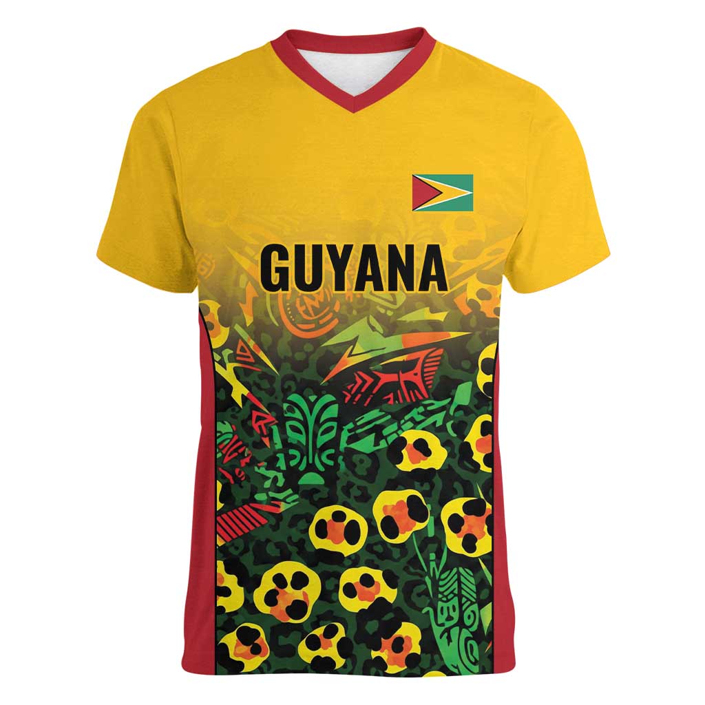 Custom Guyana Football Women V-Neck T-Shirt Spirit of the Jaguar - Yellow - Wonder Print Shop