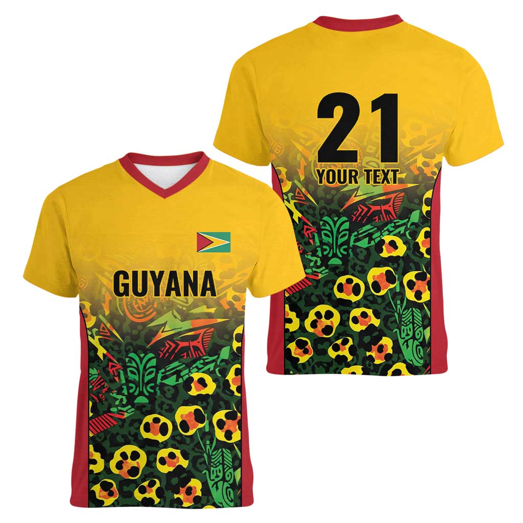 Custom Guyana Football Women V-Neck T-Shirt Spirit of the Jaguar - Yellow - Wonder Print Shop