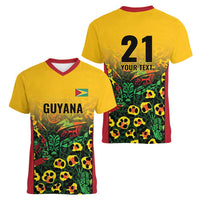 Custom Guyana Football Women V-Neck T-Shirt Spirit of the Jaguar - Yellow - Wonder Print Shop