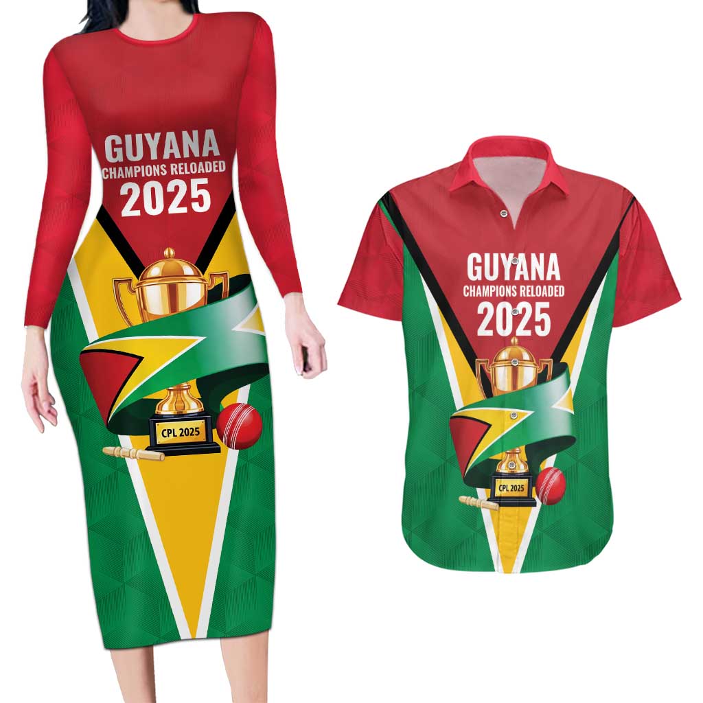 Custom Guyana Champions Reloaded 2025 Couples Matching Long Sleeve Bodycon Dress and Hawaiian Shirt Caribbean Cricket Supporter Amazon Warriors - Wonder Print Shop