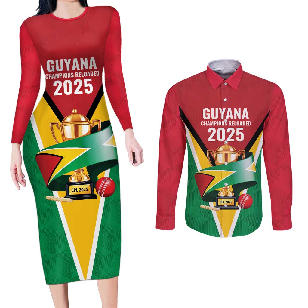 Custom Guyana Champions Reloaded 2025 Couples Matching Long Sleeve Bodycon Dress and Long Sleeve Button Shirt Caribbean Cricket Supporter Amazon Warriors - Wonder Print Shop