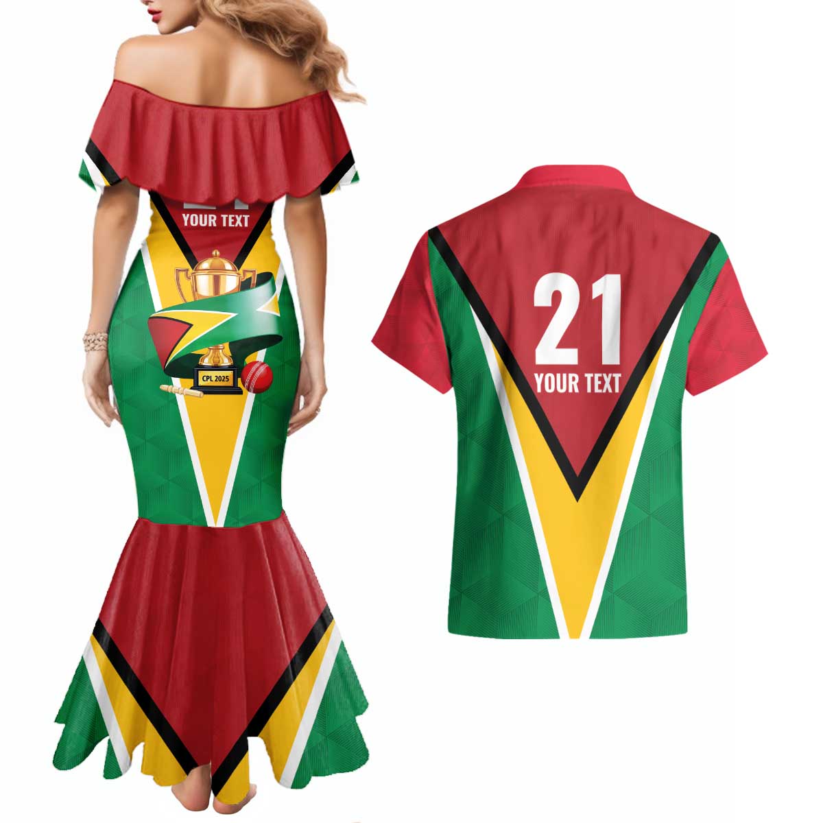 Custom Guyana Champions Reloaded 2025 Couples Matching Mermaid Dress and Hawaiian Shirt Caribbean Cricket Supporter Amazon Warriors - Wonder Print Shop
