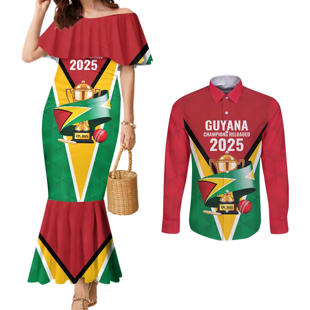 Custom Guyana Champions Reloaded 2025 Couples Matching Mermaid Dress and Long Sleeve Button Shirt Caribbean Cricket Supporter Amazon Warriors - Wonder Print Shop