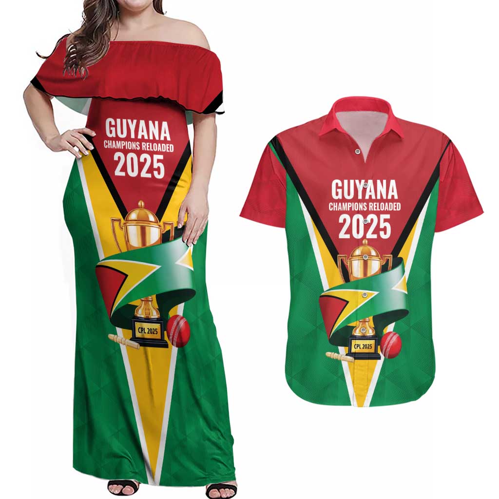 Custom Guyana Champions Reloaded 2025 Couples Matching Off Shoulder Maxi Dress and Hawaiian Shirt Caribbean Cricket Supporter Amazon Warriors - Wonder Print Shop