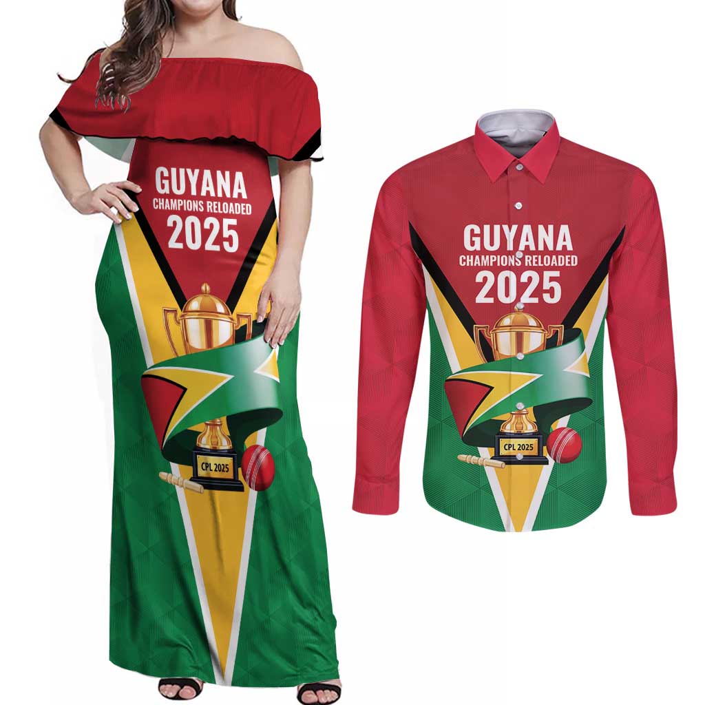 Custom Guyana Champions Reloaded 2025 Couples Matching Off Shoulder Maxi Dress and Long Sleeve Button Shirt Caribbean Cricket Supporter Amazon Warriors - Wonder Print Shop
