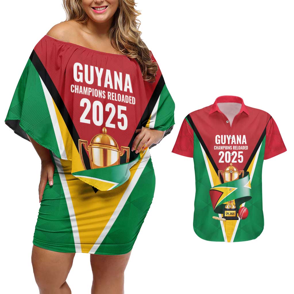 Custom Guyana Champions Reloaded 2025 Couples Matching Off Shoulder Short Dress and Hawaiian Shirt Caribbean Cricket Supporter Amazon Warriors - Wonder Print Shop