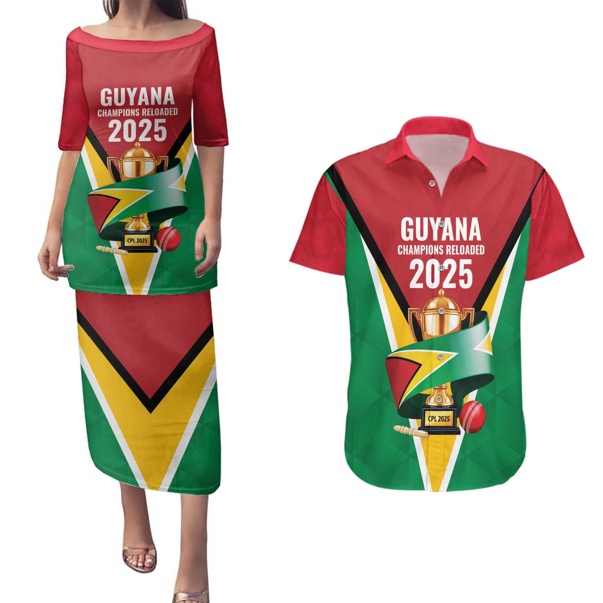 Custom Guyana Champions Reloaded 2025 Couples Matching Puletasi and Hawaiian Shirt Caribbean Cricket Supporter Amazon Warriors - Wonder Print Shop