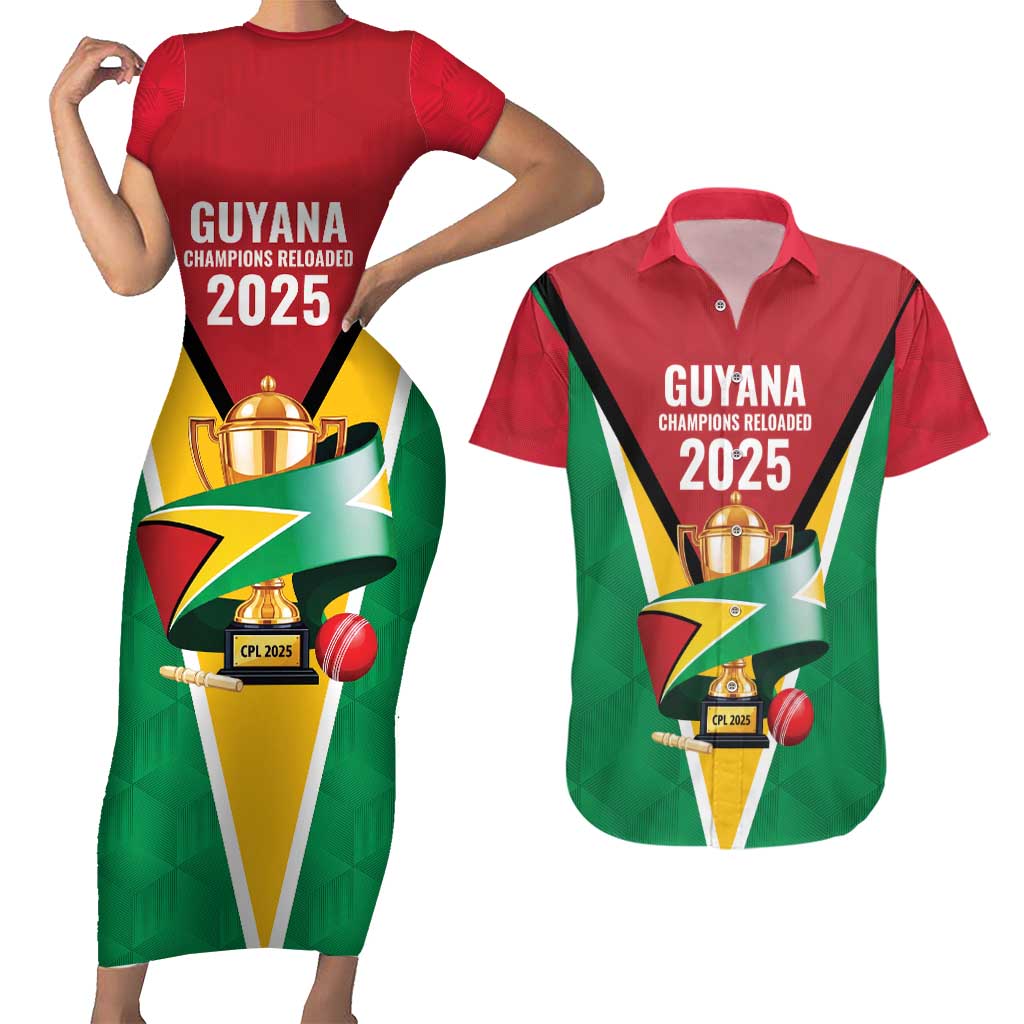 Custom Guyana Champions Reloaded 2025 Couples Matching Short Sleeve Bodycon Dress and Hawaiian Shirt Caribbean Cricket Supporter Amazon Warriors - Wonder Print Shop