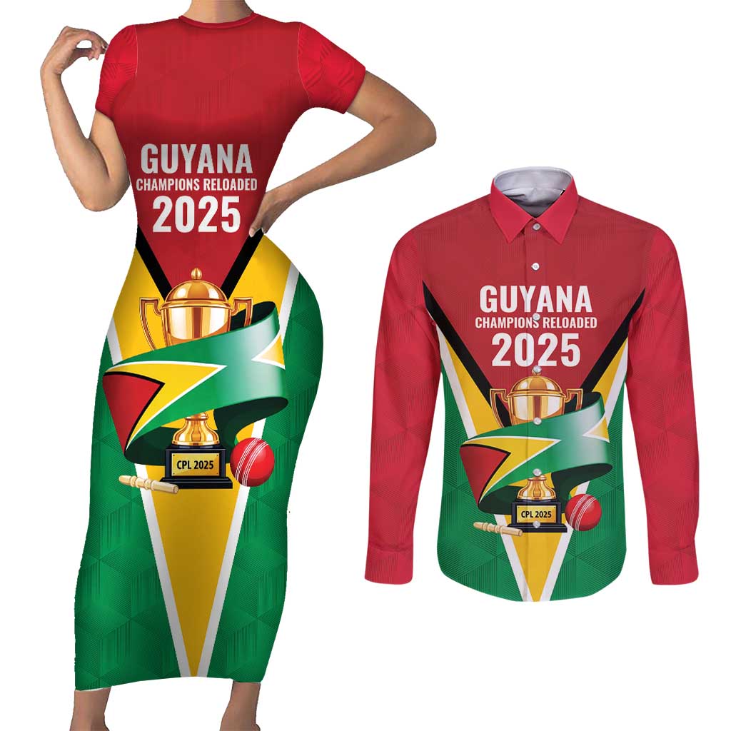 Custom Guyana Champions Reloaded 2025 Couples Matching Short Sleeve Bodycon Dress and Long Sleeve Button Shirt Caribbean Cricket Supporter Amazon Warriors - Wonder Print Shop
