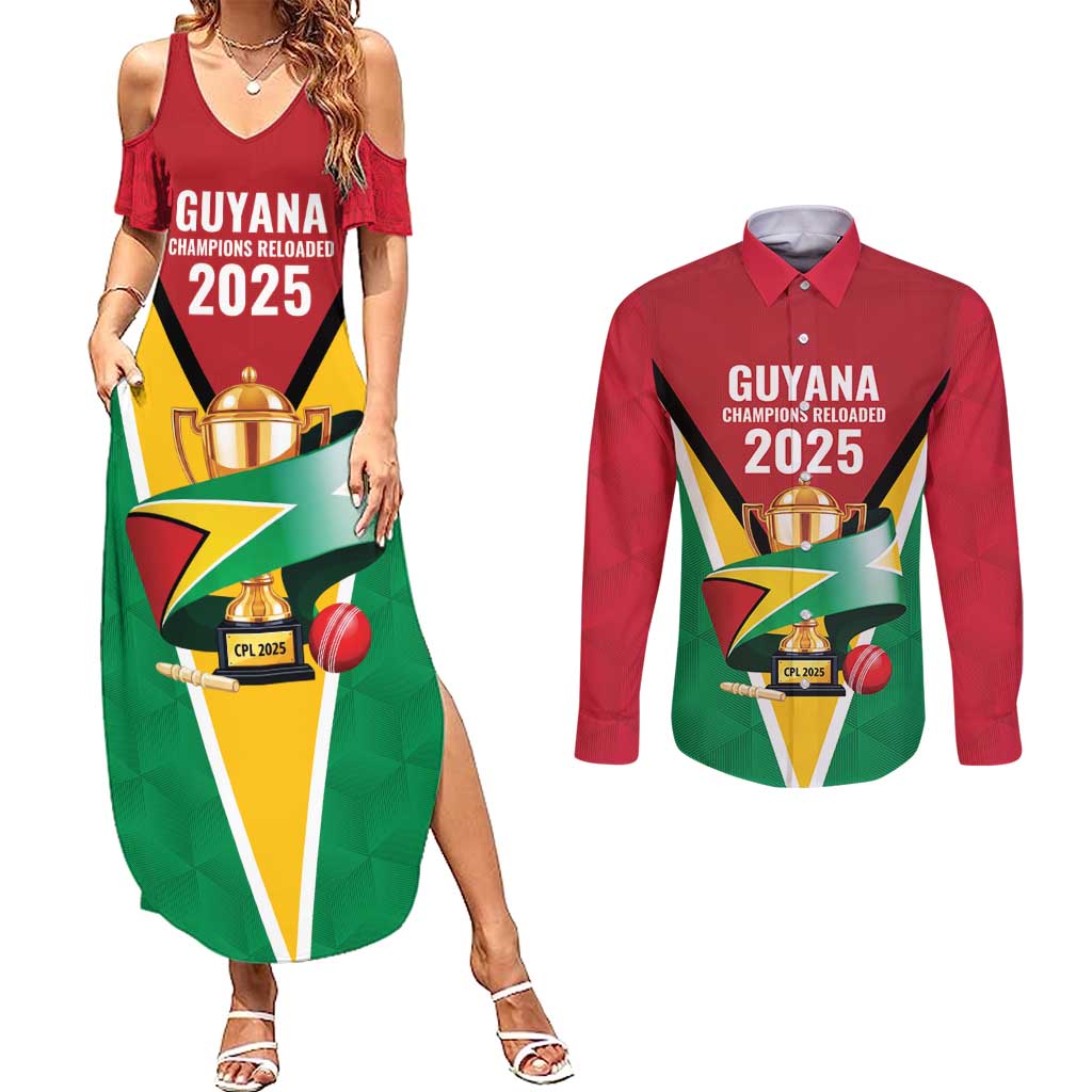 Custom Guyana Champions Reloaded 2025 Couples Matching Summer Maxi Dress and Long Sleeve Button Shirt Caribbean Cricket Supporter Amazon Warriors - Wonder Print Shop