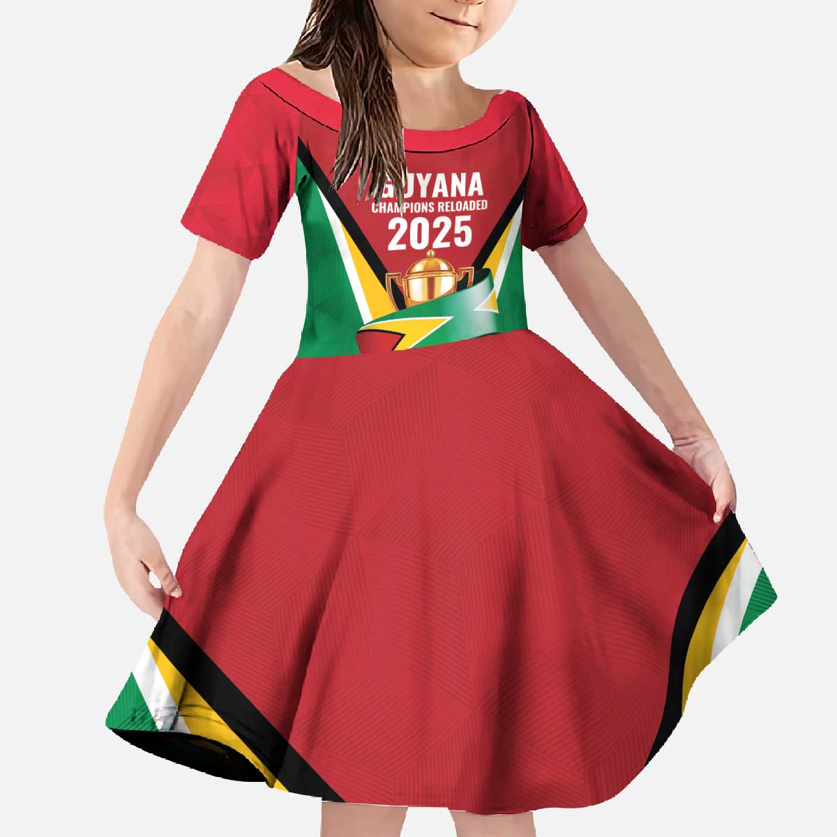 Custom Guyana Champions Reloaded 2025 Family Matching Off The Shoulder Long Sleeve Dress and Hawaiian Shirt Caribbean Cricket Supporter Amazon Warriors - Wonder Print Shop