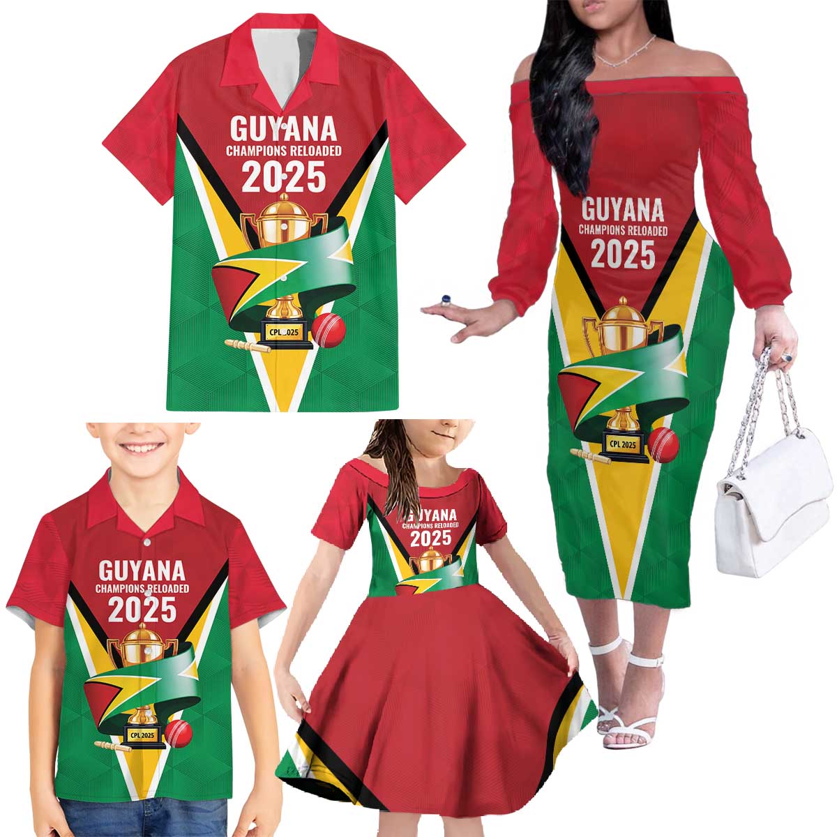 Custom Guyana Champions Reloaded 2025 Family Matching Off The Shoulder Long Sleeve Dress and Hawaiian Shirt Caribbean Cricket Supporter Amazon Warriors - Wonder Print Shop