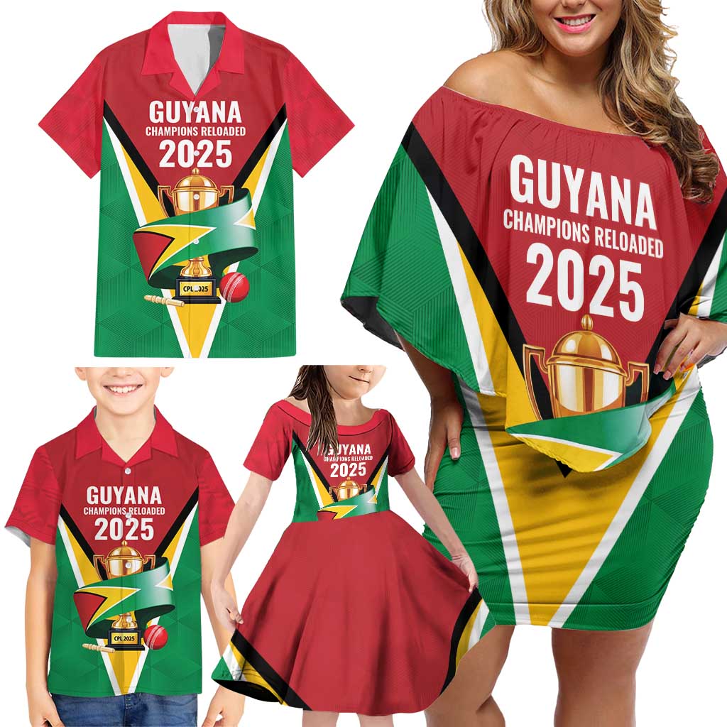 Custom Guyana Champions Reloaded 2025 Family Matching Off Shoulder Short Dress and Hawaiian Shirt Caribbean Cricket Supporter Amazon Warriors - Wonder Print Shop