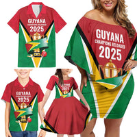 Custom Guyana Champions Reloaded 2025 Family Matching Off Shoulder Short Dress and Hawaiian Shirt Caribbean Cricket Supporter Amazon Warriors - Wonder Print Shop