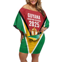 Custom Guyana Champions Reloaded 2025 Family Matching Off Shoulder Short Dress and Hawaiian Shirt Caribbean Cricket Supporter Amazon Warriors - Wonder Print Shop