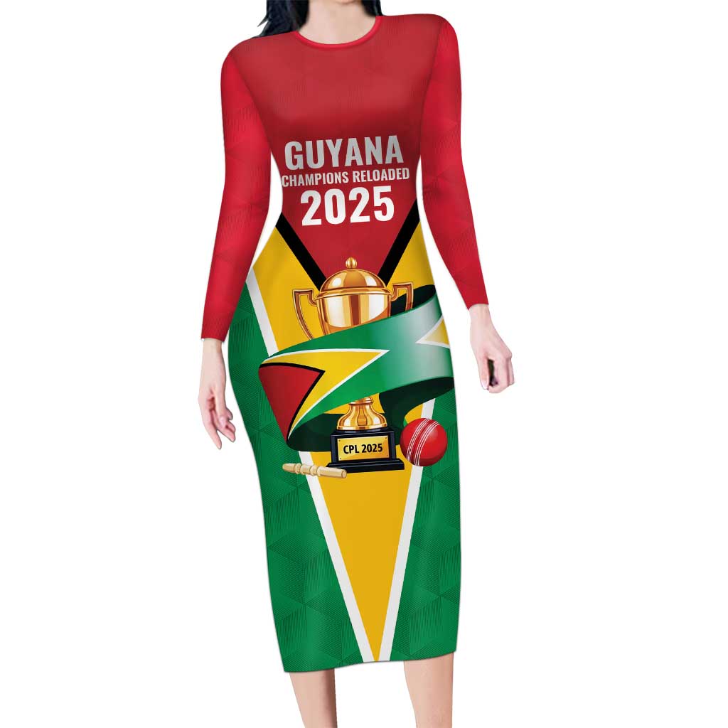 Custom Guyana Champions Reloaded 2025 Long Sleeve Bodycon Dress Caribbean Cricket Supporter Amazon Warriors - Wonder Print Shop