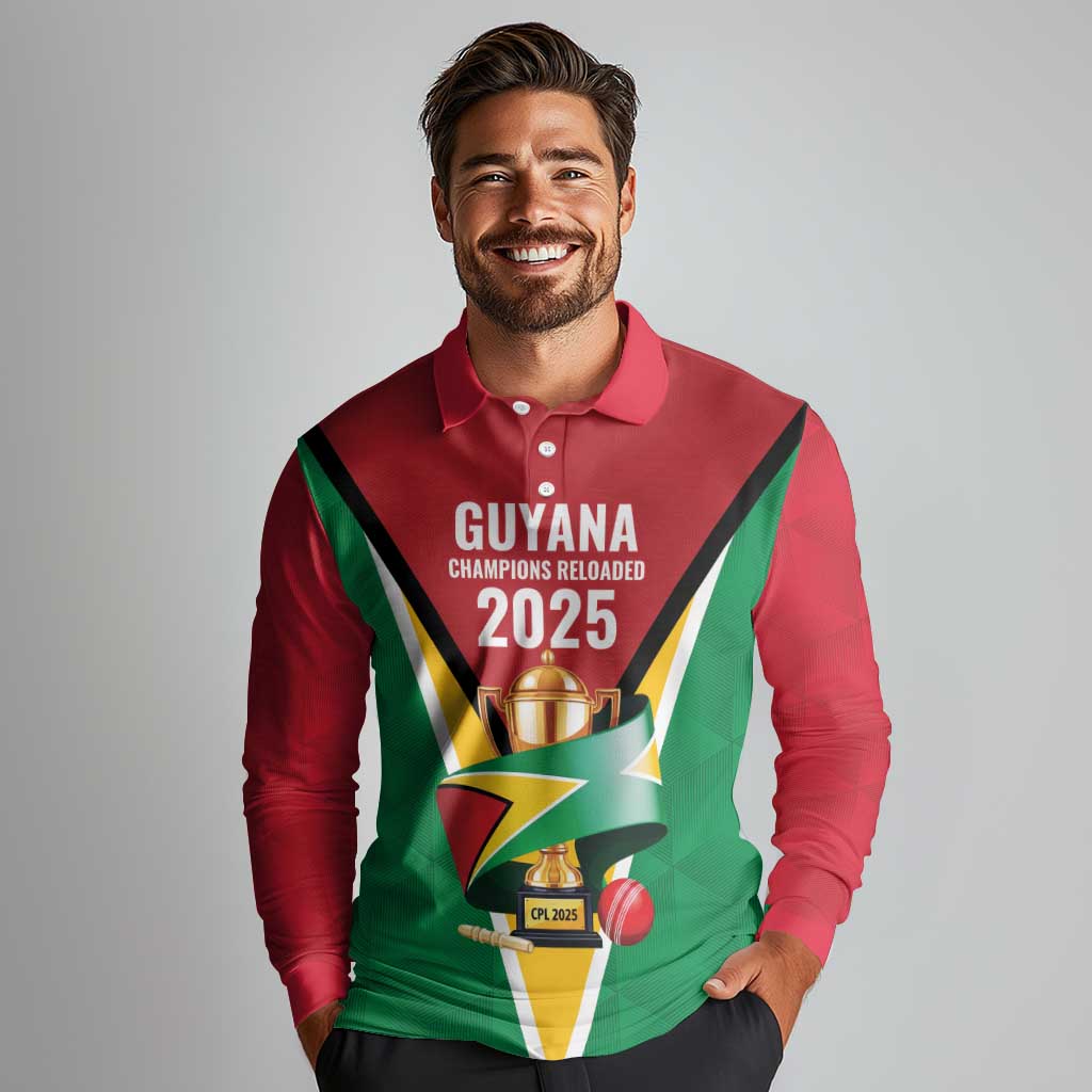 Custom Guyana Champions Reloaded 2025 Long Sleeve Polo Shirt Caribbean Cricket Supporter Amazon Warriors - Wonder Print Shop