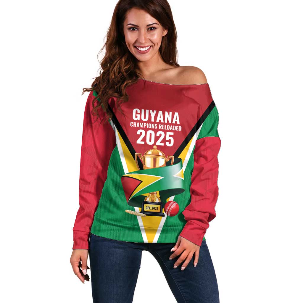 Custom Guyana Champions Reloaded 2025 Off Shoulder Sweater Caribbean Cricket Supporter Amazon Warriors - Wonder Print Shop