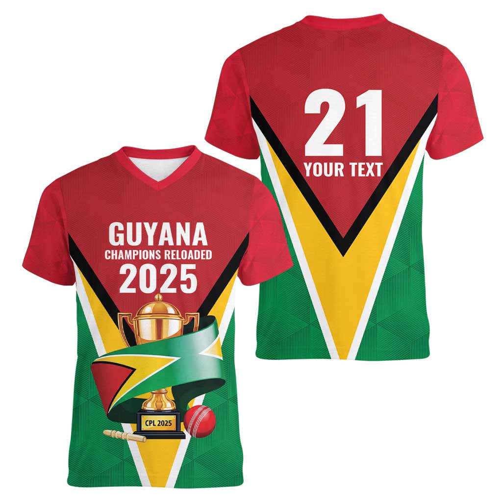 Custom Guyana Champions Reloaded 2025 Women V-Neck T-Shirt Caribbean Cricket Supporter Amazon Warriors - Wonder Print Shop