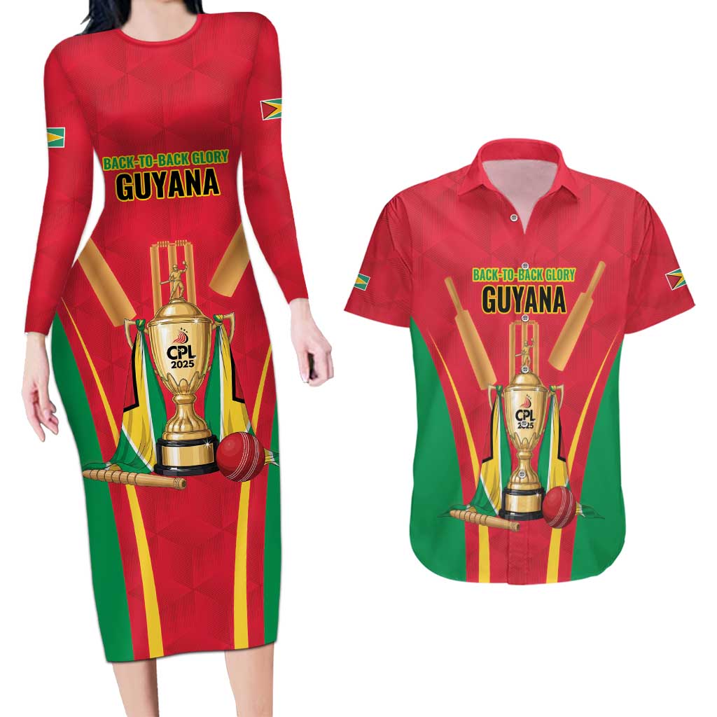Custom Guyana Victory Run 2025 Couples Matching Long Sleeve Bodycon Dress and Hawaiian Shirt Caribbean Cricket Supporter Amazon Warriors - Wonder Print Shop
