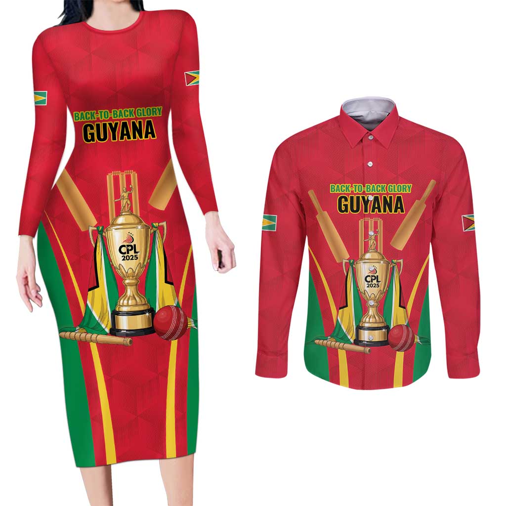 Custom Guyana Victory Run 2025 Couples Matching Long Sleeve Bodycon Dress and Long Sleeve Button Shirt Caribbean Cricket Supporter Amazon Warriors - Wonder Print Shop