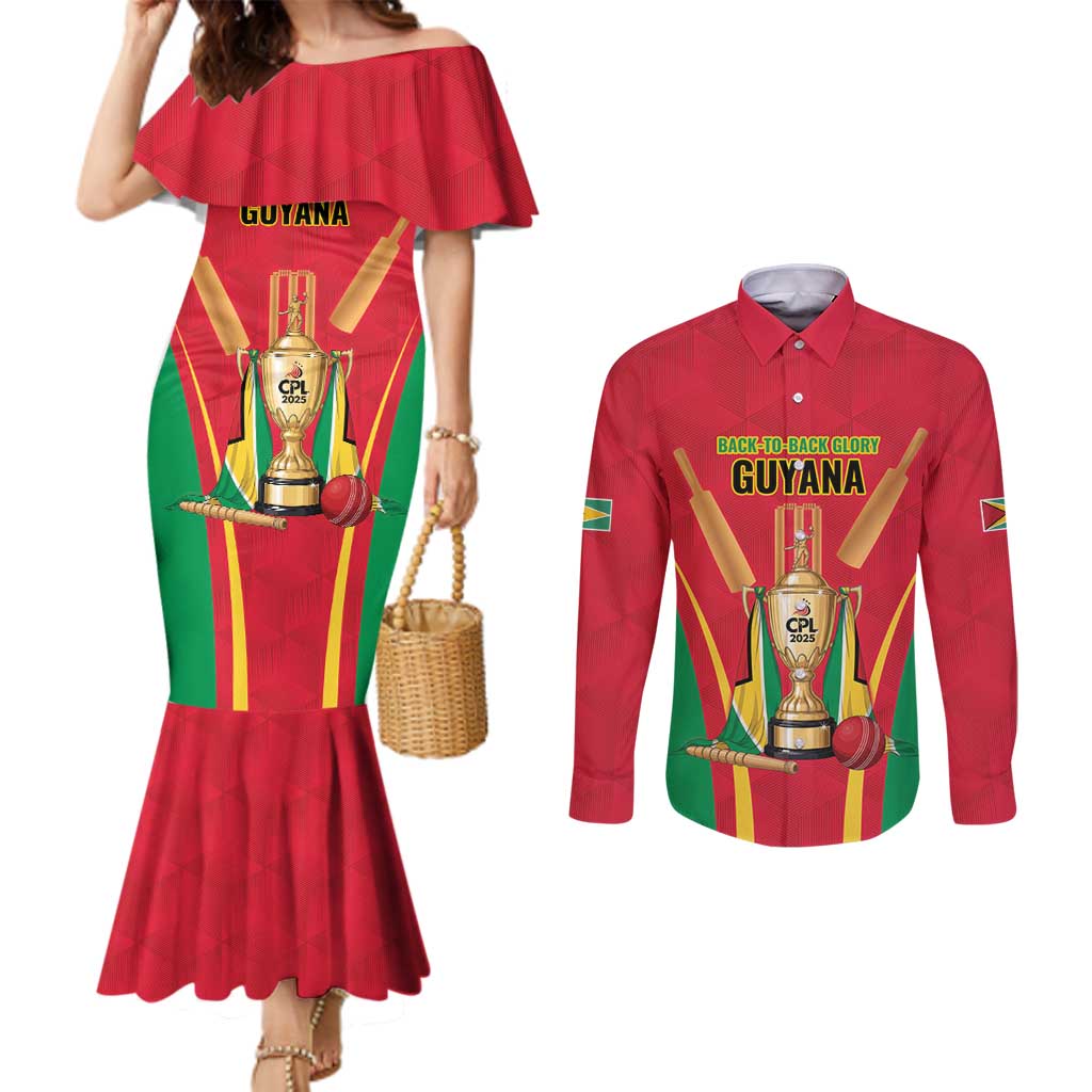 Custom Guyana Victory Run 2025 Couples Matching Mermaid Dress and Long Sleeve Button Shirt Caribbean Cricket Supporter Amazon Warriors - Wonder Print Shop