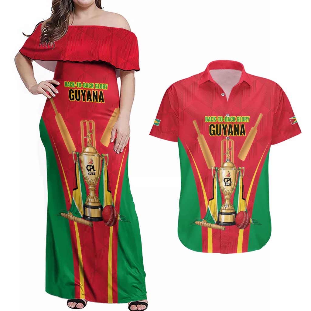 Custom Guyana Victory Run 2025 Couples Matching Off Shoulder Maxi Dress and Hawaiian Shirt Caribbean Cricket Supporter Amazon Warriors - Wonder Print Shop