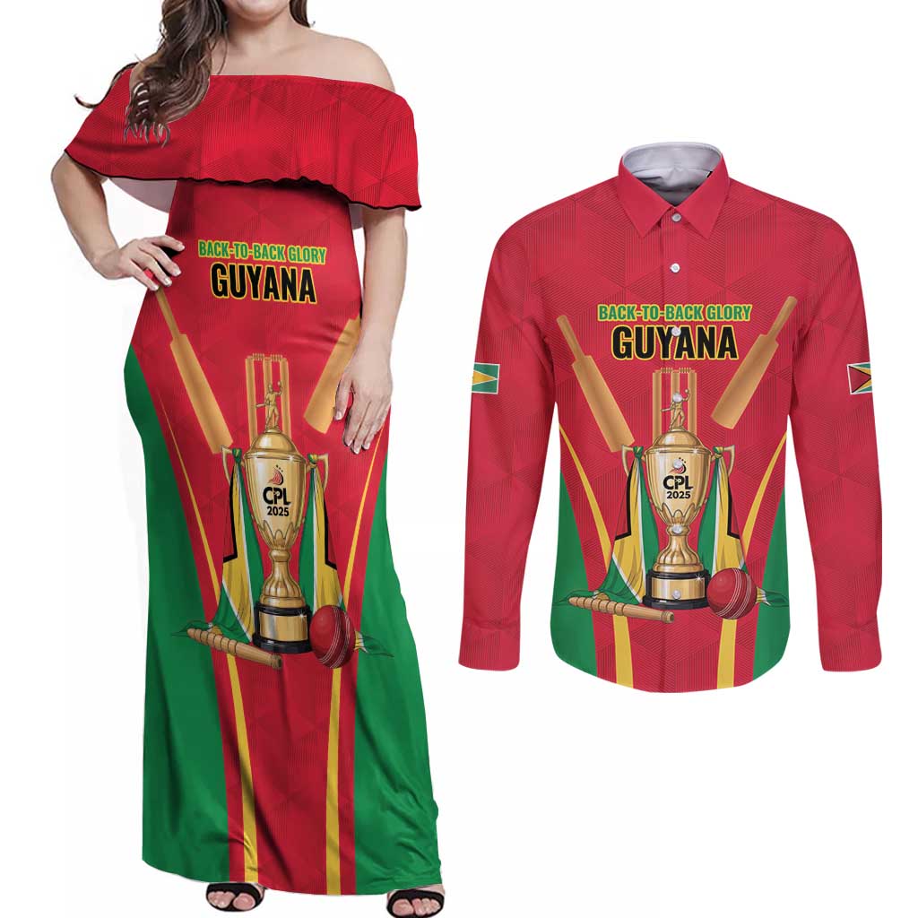 Custom Guyana Victory Run 2025 Couples Matching Off Shoulder Maxi Dress and Long Sleeve Button Shirt Caribbean Cricket Supporter Amazon Warriors - Wonder Print Shop